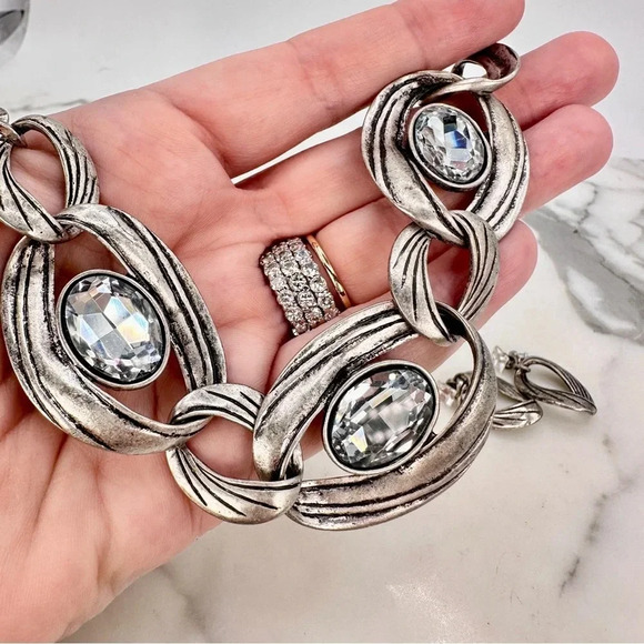 Huge Rhinestones Chunky Necklace Set Matching Earrings Antique Silver-to… - Picture 1 of 10